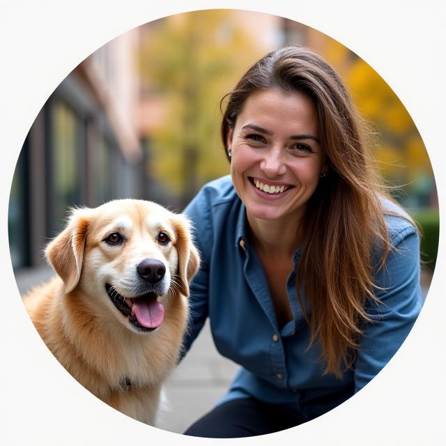 Entrenador canino profesional con perro feliz en Madrid